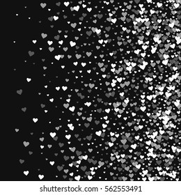 White hearts confetti. Right gradient on black valentine background. Vector illustration.