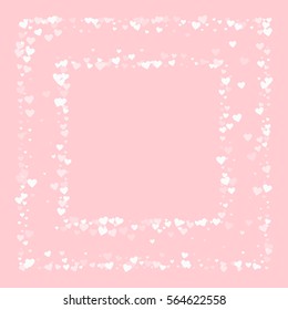 White hearts confetti. Square chaotic frame on pale_pink valentine background. Vector illustration.