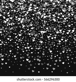 White hearts confetti. Top gradient on black valentine background. Vector illustration.