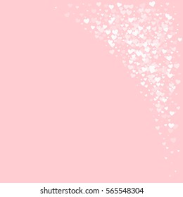 White hearts confetti. Top right corner on pale_pink valentine background. Vector illustration.
