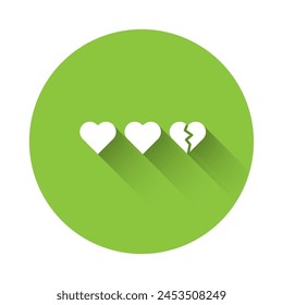 White Hearts for game icon isolated with long shadow. Green circle button. Vector