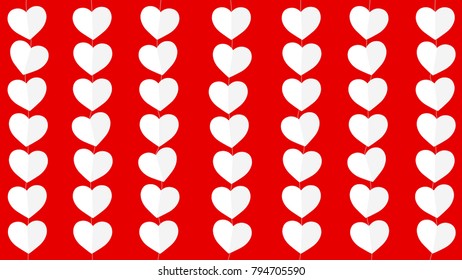 White Hearts Hanging From Strings on Red Background