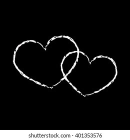 White hearts icon. Grunge texture shape sign, isolated on black background. Symbol of romantic, love, passion Drawing design element Valentine day, holiday or greeting, decoration. Vector illustration