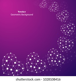 White hearts made of connected lines and dots on purple background. Icon for medicine, science, technology, chemistry and Valentines Day.