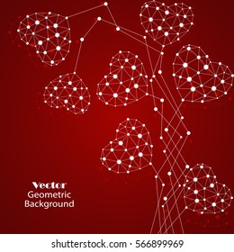 White hearts made of connected lines and dots on red background.
