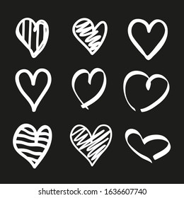 White hearts on black background. Black and white illustration. Holiday concept