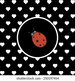White hearts on a black background, white circle. Ladybird. Vector illustration, EPS 10 