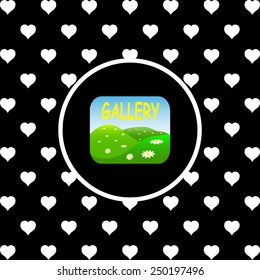 White hearts on a black background, white circle. Gallery,  vector illustration, EPS 10