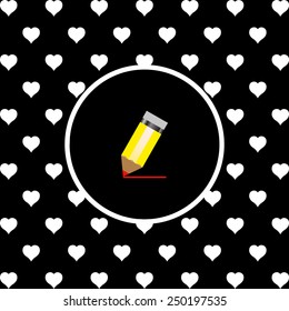 White hearts on a black background, white circle. yellow pencil, vector, EPS 10
