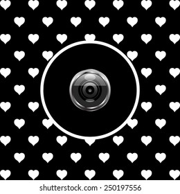 White hearts on a black background, white circle. camera, vector illustration, EPS 10