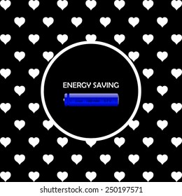 White hearts on a black background, white circle. energy saving battery , vector illustration, EPS 10