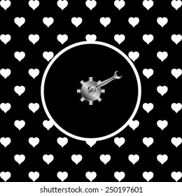 White hearts on a black background, white circle. Cog Settings , vector illustration, EPS 10