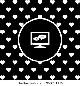 White hearts on a black background, white circle. chat via computer , vector illustration, EPS 10