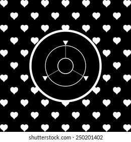 White hearts on a black background, white circle. GPS navigation,  vector illustration, EPS 10