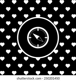 White hearts on a black background, white circle. Compass , vector illustration, EPS 10