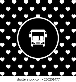 White hearts on a black background, white circle. Bus, vector illustration, EPS 10