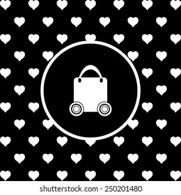White hearts on a black background, white circle.  bag on wheels , vector illustration, EPS 10