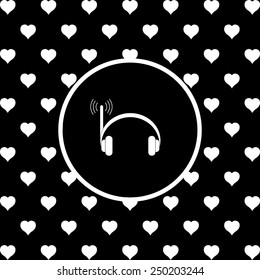 White hearts on a black background, white circle. Headphones. Musical accessories running through wi-fi network,  vector illustration, EPS 10