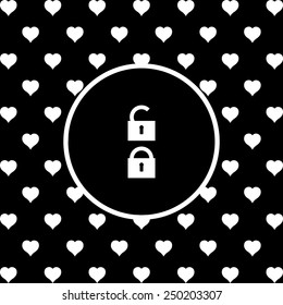 White hearts on a black background, white circle. Open lock, vector, EPS 10