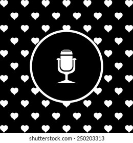 White hearts on a black background, white circle. Microphone. Voice recording, vector illustration, EPS 10