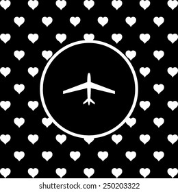 White hearts on a black background, white circle. plane, vector, EPS 10