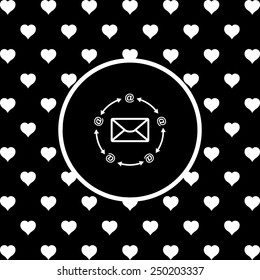 White hearts on a black background, white circle. Internet e-mail, vector illustration, EPS 10