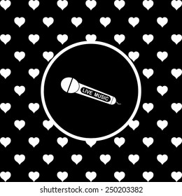 White hearts on a black background, white circle. live music, vector illustration, EPS 10