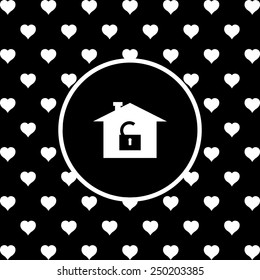 White hearts on a black background, white circle. House, access is open, unlocked,  vector illustration, EPS 10