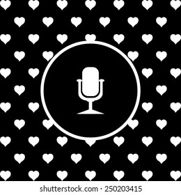 White hearts on a black background, white circle. Microphone. Voice recording, vector illustration, EPS 10