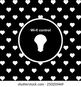 White hearts on a black background, white circle. LED lamp controlled via wi-fi network, vector illustration, EPS 10