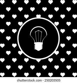 White hearts on a black background, white circle. incandescent bulb, vector illustration, EPS 10