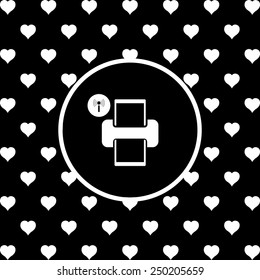 White hearts on a black background, white circle. Printer with wi-fi connection , vector, EPS 10