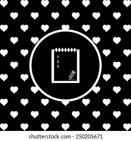 White hearts on a black background, white circle. tablet with paper, vector illustration, EPS 10