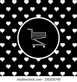 White hearts on a black background, white circle. Shoping basket , vector illustration, EPS 10