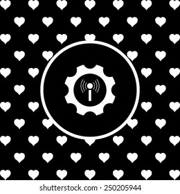 White hearts on a black background, white circle. Toothed setting controls via wi-fi network, vector illustration, EPS 10