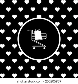 White hearts on a black background, white circle. put in shopping cart  , vector illustration, EPS 10