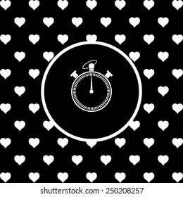 White hearts on a black background, white circle. stopwatch.  Vector illustration EPS 10