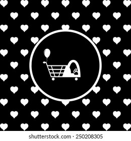 White hearts on a black background, white circle. Shopping with a cabin for children and inflatable festive ball. Vector illustration, EPS 10