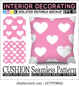 White hearts on fuchsia pink background. Cushion mockup and seamless pattern to celebrate valentine day. CMYK color space ready to print. This pattern can also used for other.