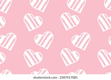 White Hearts on Pink Background with Vertical Stripes Seamless Vector Pattern