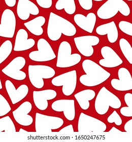 corazones blancos de fondo rojo. Patrón sin problemas. Plantilla lista para diseño, postales, impresión, afiche, fiesta, día de San Valentín, textil vintage.