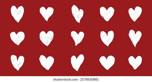 White hearts on a red background. Heart pattern with white hearts. Red and white heart design. Simple heart shapes. Love and hearts theme. Cute hand drawn Valentine's Day vector set.