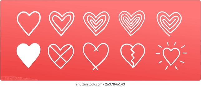 White Hearts on Red background. Lots of Hearts in different variations. Handdrawn.