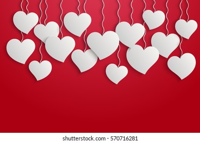White hearts on red background. Happy Valentine's day. Template for card and invitation. Vector Illustration.