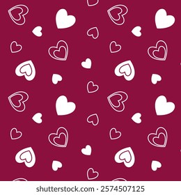 White hearts on a red background.Vector seamless pattern with white hearts on a pink background.