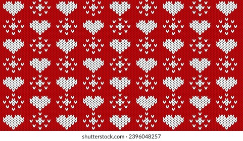 White hearts on red knitted design, Festive Sweater Design. Seamless Knitted Pattern, Chritmas knitted.