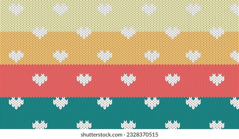 White hearts on vintage background knitting pattern, Festive Sweater Design. Seamless Knitted Pattern