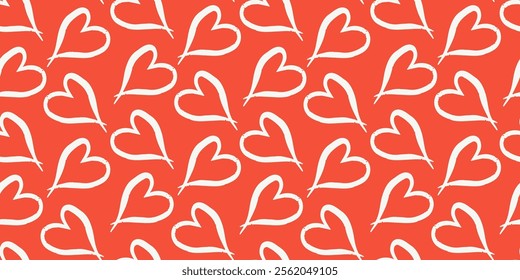 White hearts outline  on red background seamless pattern. Sweet love. Valentine's day. Romantic relationship, anniversary, birthday, wedding background.