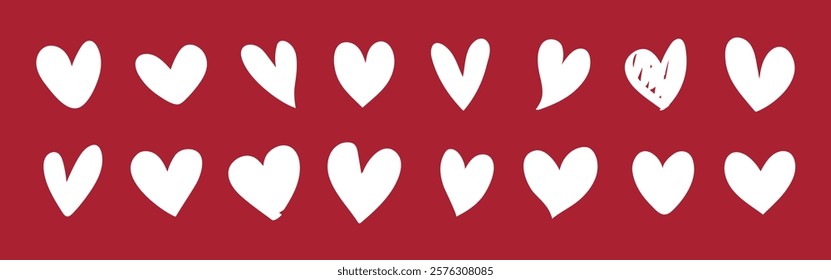 White hearts pattern on a red background. Hearts are evenly spaced. Red and white create a bold contrast. Heart shapes vary slightly in design. Valentine's element vector set.