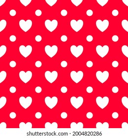 White hearts and white polka dots line up alternately on a pink background, seamless pattern for product, fabric, decorating, wallpaper, wrapping paper. valentine's day background pattern.